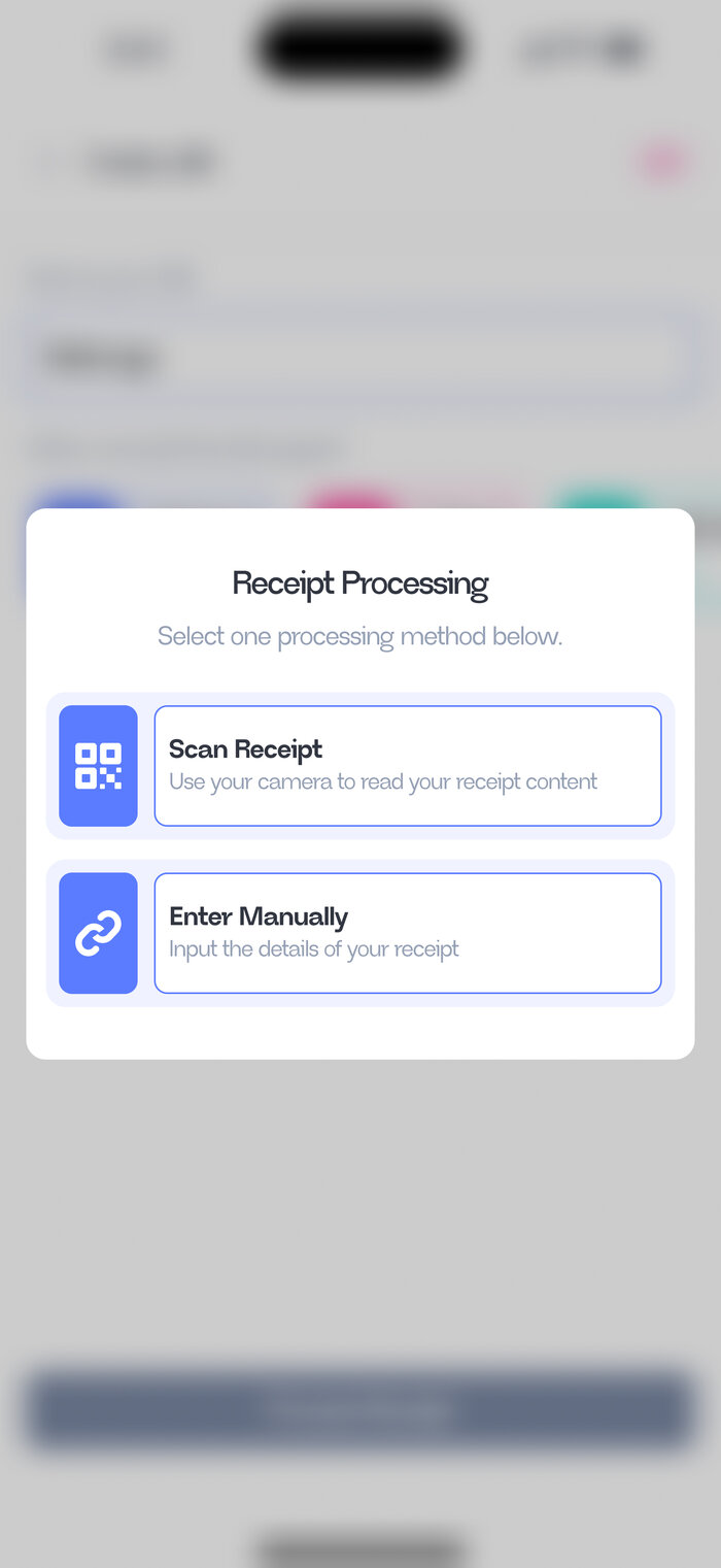 Tablli receipt options: scan a receipt with your camera or enter its details manually