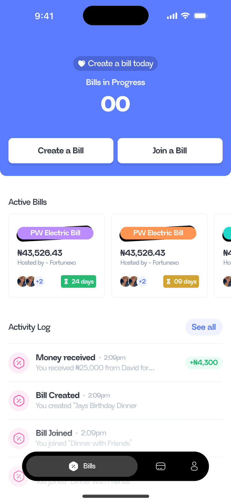 Tablli app showing active bills, shared amounts, and a payment activity log